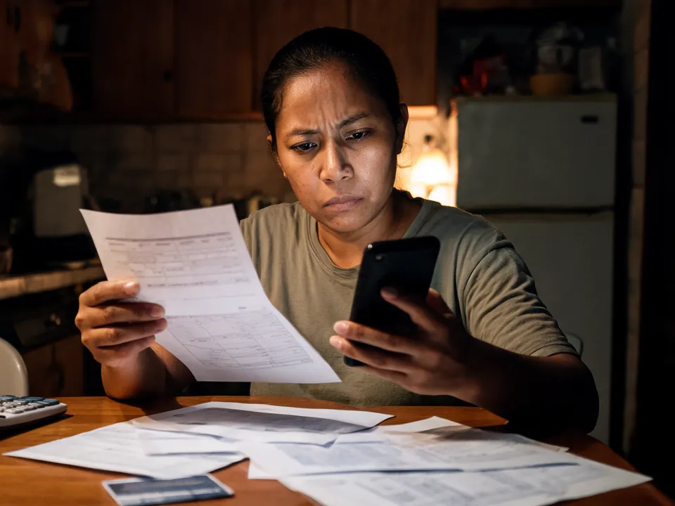 Servidora à mesa da cozinha à noite, com o contracheque impresso e o celular, conferindo contas e a fatura do cartão