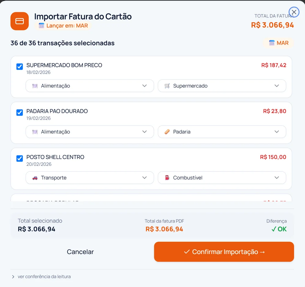 Importação da fatura no Planner: 36 de 36 compras selecionadas, cada uma com categoria e subcategoria, total de R$ 3.066,94 conferido com o total impresso na fatura