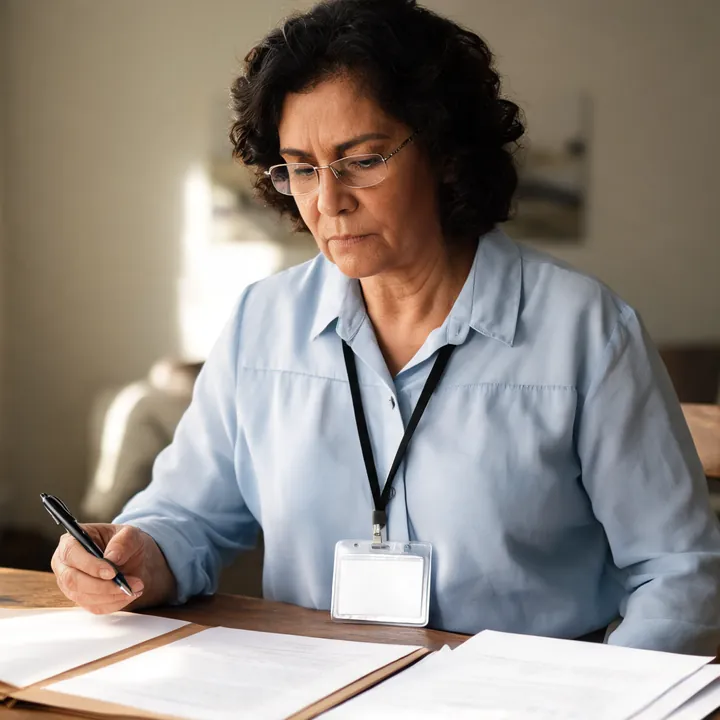 Servidora de óculos revisando documentos da aposentadoria na mesa de casa