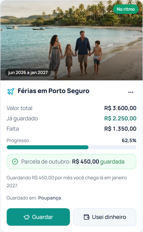 Cartão do plano Férias em Porto Seguro: R$ 2.250 guardados de R$ 3.600, 62,5%, parcela de outubro guardada